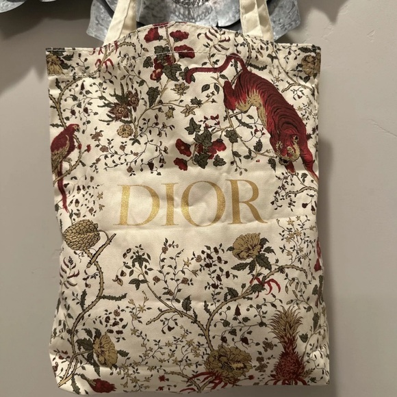 🐅 DIOR TIGER FLORAL FLOWER LILY TOTE SHOULDER BAG LARGE COTTON GOLD LETTERING - Picture 4 of 6